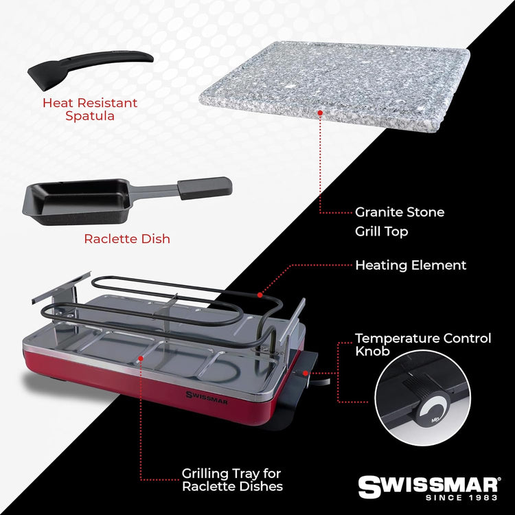 Swissmar Classic 8-Person Raclette Party Grill - Indoor Electric Grill & Griller with Granite Stone Grill Plate - Red