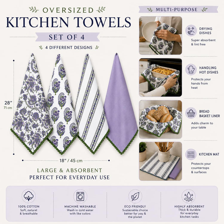 Printed Kitchen Dish Bar and Tea Towels Cotton (4 Count)