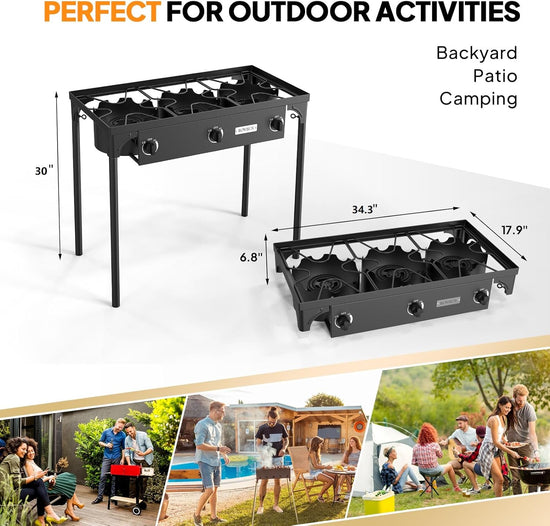 ROVSUN 3 Burner Propane Gas Stove, 225,000 BTU High Pressure Outdoor Camping Burner with CSA Listed Regulator, Picnic Cooker Perfect for Home Brewing Maple Syrup Patio Turkey Frying Canning - Nestoria