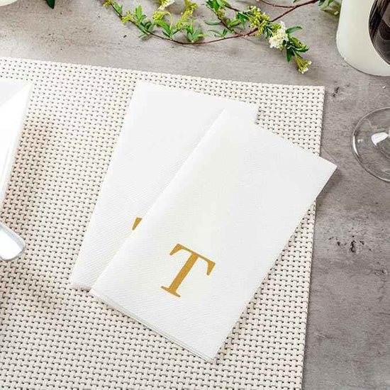 Luxenap 15.8 X 7.9 Inch Linen-Feel Guest Towels, 2000 Lettered Hand Towels - Gold Letter 'T', Sans Serif Font, White Paper Dinner Napkins, airlaid, For Restrooms And Tables