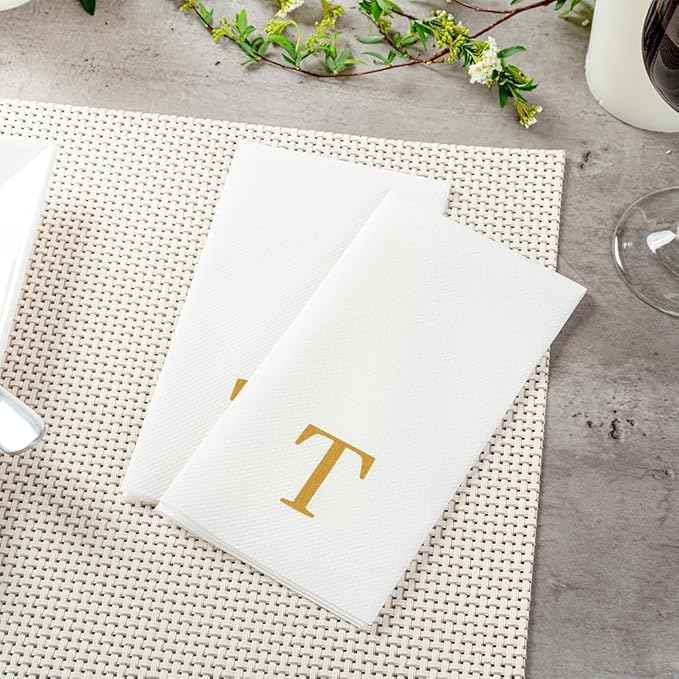 Luxenap 15.8 X 7.9 Inch Linen-Feel Guest Towels, 2000 Lettered Hand Towels - Gold Letter 'T', Sans Serif Font, White Paper Dinner Napkins, airlaid, For Restrooms And Tables