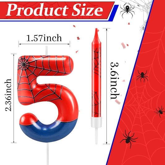 13 Pcs Spider Themed Birthday Candle Set Red Spider Theme Number 5 Candle Cake Topper for Boys Girls Birthday Decoration Spider Party Decoration Supplies (Number 5)