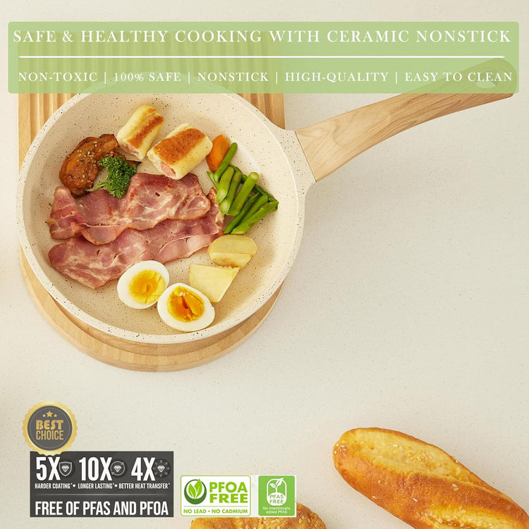 Pots and Pans Set Non Stick, Healthy Ceramic Cookware Set, 3pcs Kitchen Pots Frying Pan Saucepan, PFAS-Free, Cream