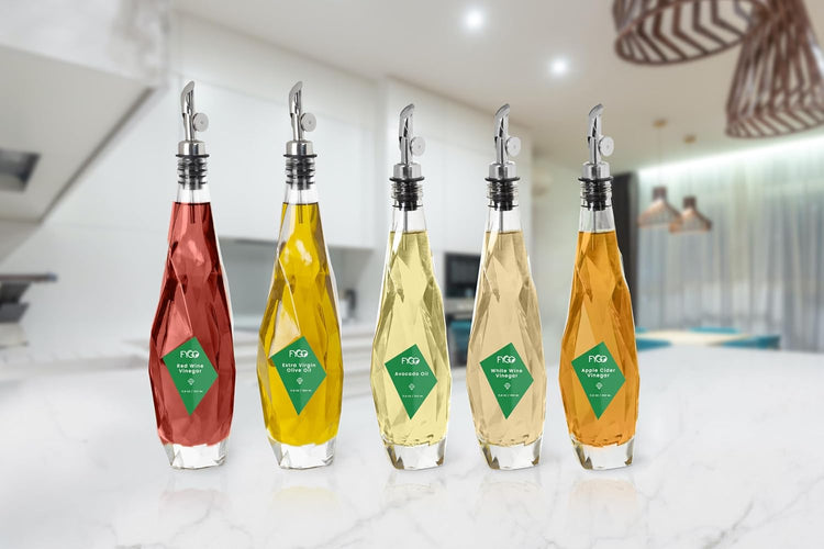 FYGO Diamond Lux Olive Oil Bottle Dispenser - 500ml Glass Container With Pourer and Funnel for Kitchen - Oil and Vinegar Set