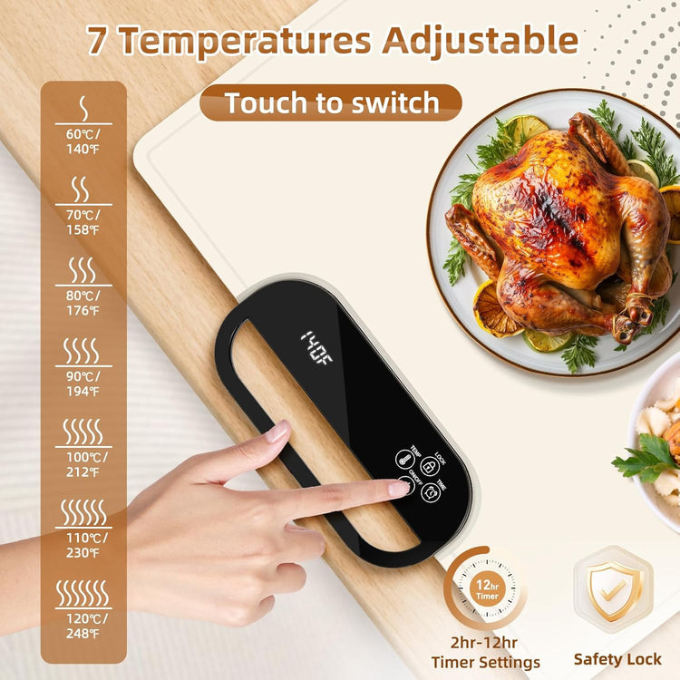 Electric Warming Tray with 7 Adjustable Temperatures, Hanging & Foldable Food Warmer Mat with Child Lock, 11 Timer Settings, Fast Heating Plate for Buffet, Paties, Family Gatherings, Holidays, Beige