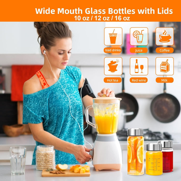Glass Juice Bottles 6 Pack 10 oz - Wide Mouth Glass Water Bottles with Lids - for Juicing, Smoothies, Milk, Protein, BPA Free, Reusable, Stainless Steel Lids, Leak Proof, Shaker bottle (10oz/300ml)