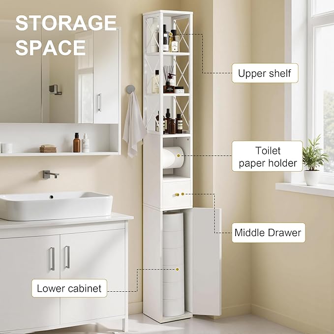 VECELO Storage Cabinet, 67" Tall Narrow Bathroom Cabinet with X-Frame Metal Design, Toilet Paper Holder, Magnetic Door & Drawer, for Small Spaces, Pearl White