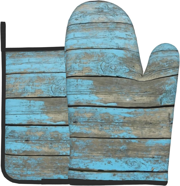 Blue Wood Oven Mitts and Pot Holder Set of 2 Rustic Board Heat Resistant Gloves Hot Potholders Kitchen Decor for Cooking Grilling Baking