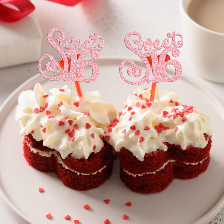 24 Pack Happy Sweet 16 Cupcake Toppers Glitter Sixteen 16th Birthday Cupcake Picks Cheers to 16 Years Old Cupcake Decorations for 16th Birthday Anniversary Party Cake Decorations Supplies Pink (24 Count)