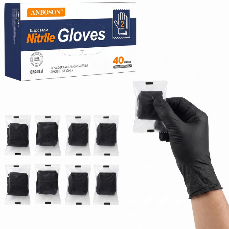 Individually Wrapped Black Disposable Nitrile Gloves (80 Count)