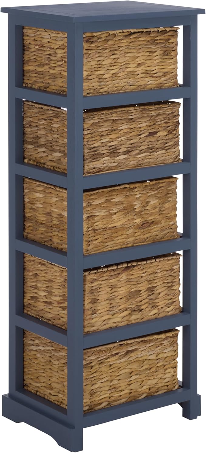 SAFAVIEH Home Collection – Vedette Blue 5-Basket Storage Tower, Natural Rattan Accent Design, Fully Assembled (AMH5739H)