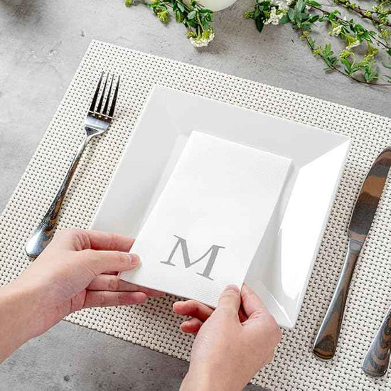Luxenap 15.8 X 7.9 Inch Linen-Feel Guest Towels, 50 Lettered Hand Towels - Silver Letter 'M', Sans Serif Font, White Paper Dinner Napkins, airlaid, For Restrooms And Tables - Restaurantware