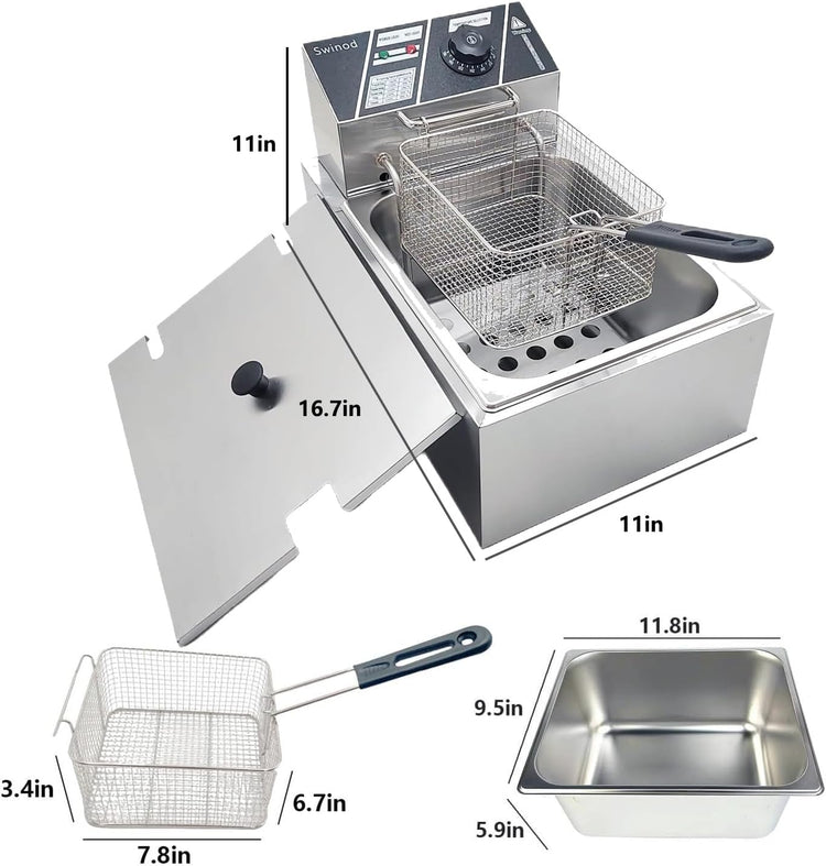 Electric Deep Fryer with Basket for Home Use, Countertop Commercial Deep Fryer 1700w Powerful Performance 9.7Qt Large Capacity Stainless Steel Oil Fryer, Temperature Control