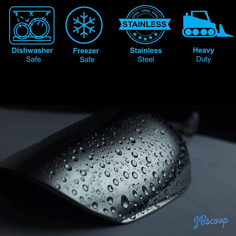 Ice Scoop with Holes. Stainless Steel Ice Scoop with Drain Holes to Reduce Unwanted Dilution. Heavy Duty and Dishwasher Safe. Six Ounce Capacity