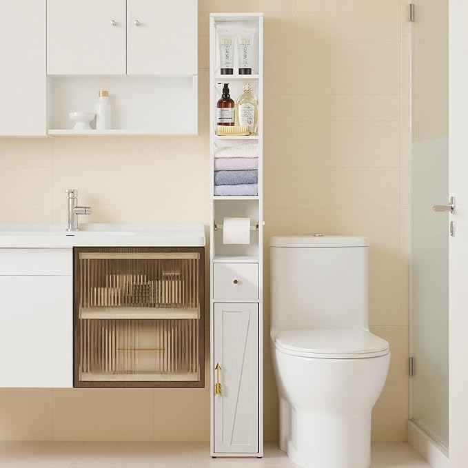 VECELO Storage Cabinet, 67" Tall Narrow Bathroom Cabinet with X-Frame Metal Design, Toilet Paper Holder, Magnetic Door & Drawer, for Small Spaces, Pearl White