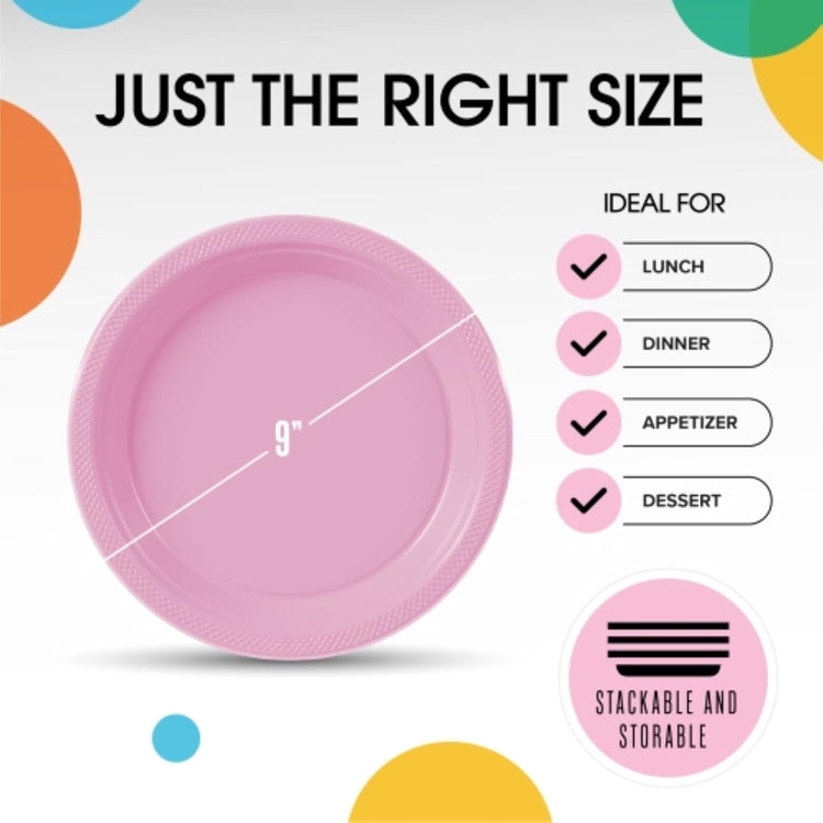 Exquisite Party Solids Pink Plastic Plates For Party 9" Pink Disposable Plates Heavy Duty Supplies 100 Pcs Plastic Dinnerware Sets Heavy Duty 350 GSM Disposable Dinnerware Set