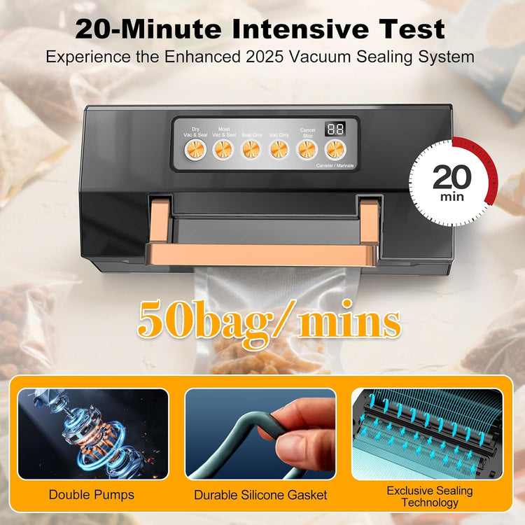 Powerful Suction Vacuum Sealer Machine,Commercial Fully Automatic Food Vacuum Sealer with Double Heat Seal,Dry & Moist Modes,Built-in Cutter,Bags Storage,Easy-Lock Handle,Include 2 Bag Rolls (Black)