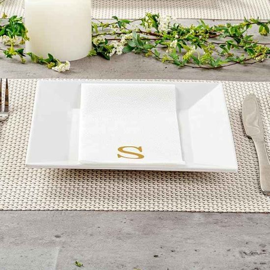 Luxenap 15.8 X 7.9 Inch Linen-Feel Guest Towels, 50 Lettered Hand Towels - Gold Letter 'S', Sans Serif Font, White Paper Dinner Napkins, airlaid, For Restrooms And Tables