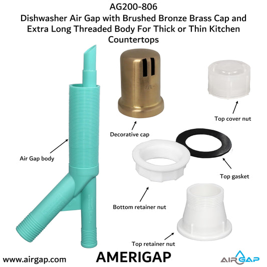Dishwasher Air Gap with Skirted Brushed Bronze Brass Cap and Extra Long Threaded Body for Thick or Thin Kitchen Countertops