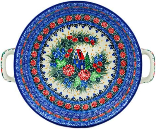 Polmedia Polish Pottery Round Baker with Handles 10-inch UNIKAT - Blue Escape Pattern Handmade in Boleslawiec Poland by Ceramika Artystyczna + Certificate of Authenticity