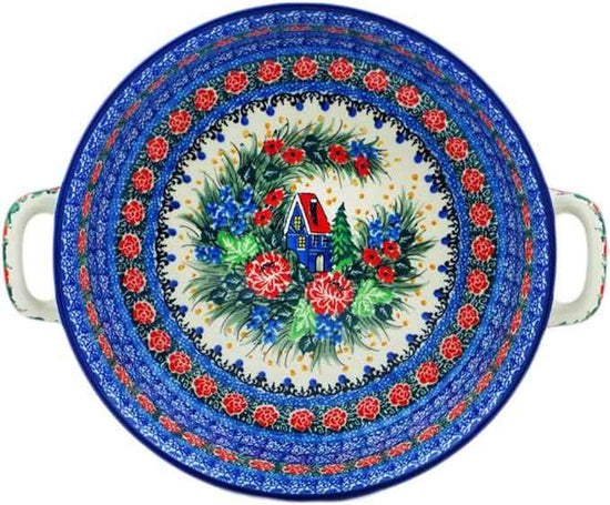 Polmedia Polish Pottery Round Baker with Handles 10-inch UNIKAT - Blue Escape Pattern Handmade in Boleslawiec Poland by Ceramika Artystyczna + Certificate of Authenticity