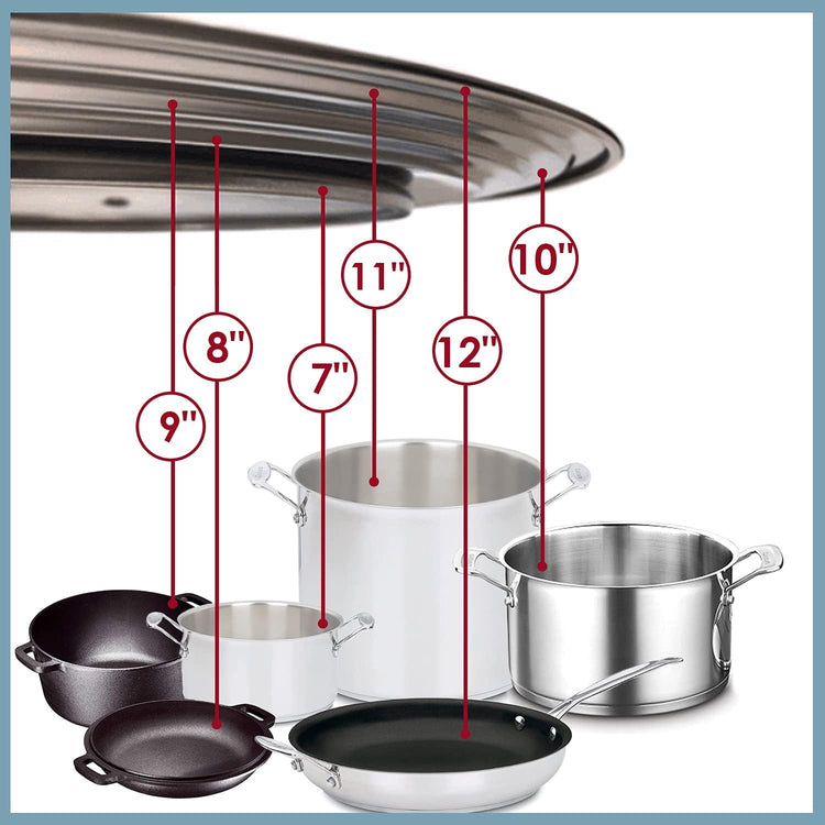 Stainless Steel Universal Lid for Pots, Pans and Skillets - Fits 7" to 12" Pot and Pans - Tempered Glass with Stainless Steel Rim Replacement Frying Pan Cover and Cast Iron Skillet Lid
