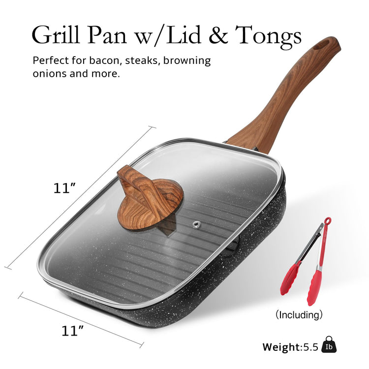 Nonstick Grill Pan with Lid & Tongs for Stove Tops