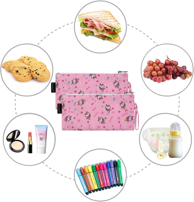 Reusable Sandwich Bag/Snack Bag for Kids & Adults, Dual Layer Lunch Bag with Handle, Washable, Food Safe, BPA Free (2-Pack, Unicorn)