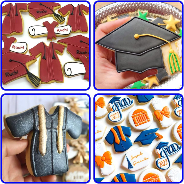 Graduation Cookie Cutters 6Pcs, Cap Gown Diploma Frame Medallion Shapes Cookie Cutter Mold, 304 Stainless Steel Biscuit Dough Fondant Cutters for Celebration Kitchen Baking