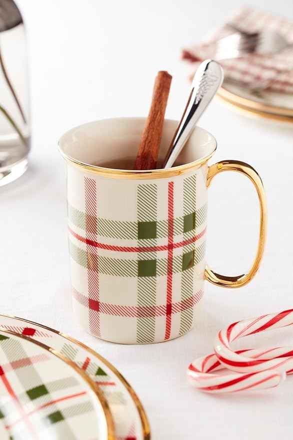 Lenox 894967 Holiday Plaid 4-Piece Mug Set, Christmas Dinnerware, Hosting