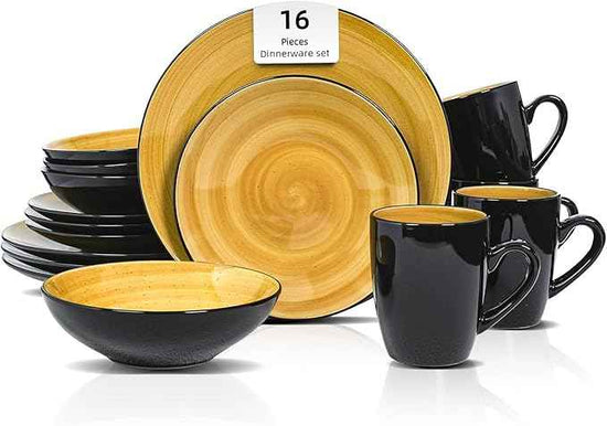 Stoneware Sonoma 16pc Dinnerware Set, Black + Speckled Spin Wash Yellow