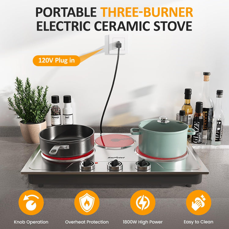 1800W Triple Burner Portable Electric Ceramic Stove