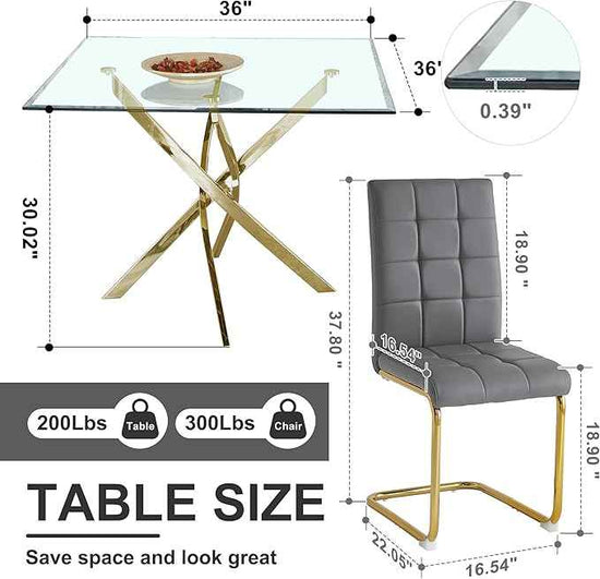 AF ARTISAN FURNITURE 5 Piece Square Glass Dining Table Set, Gold Glass Kitchen Table Set for 4 Modern Table Set with 4 Grey PU Upholstered Dining Chairs, for Small Space, Breakfast Nook