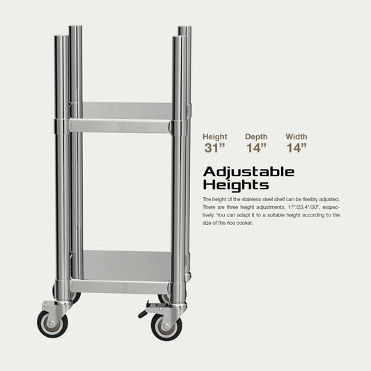 14” x 14” Stainless Steel Rice Warmer Stand and Cart with Wheels & Brakes