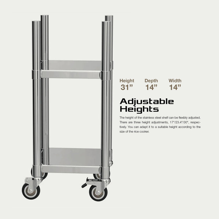 14” x 14” Stainless Steel Rice Warmer Stand and Cart with Wheels & Brakes