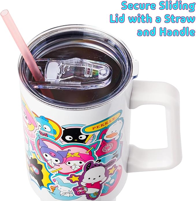 Silver Buffalo Sanrio Hello Kitty & Friends Cinnamoroll, Kuromi, Chococat, Badtz-Maru, Keroppi, Sticker Double Walled Stainless Steel Tumbler w Handle and Straw, Fits in Standard Cup Holder, 40 Ounces