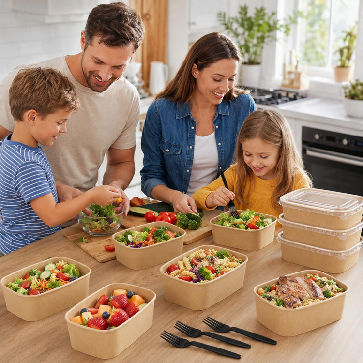 50 Pack 19oz Disposable Kraft Paper Bowls with Lids and Forks (50 Count)