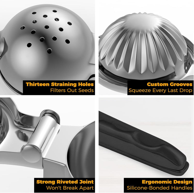 Stainless Steel Lemon Squeezer - Metal Citrus Juicer - Lime Lemon and Fruit Juicer with Silicone Handles - Large Manual Citrus Press Juicer - Hand Held Squeezer - Ergonomic Design with Solid