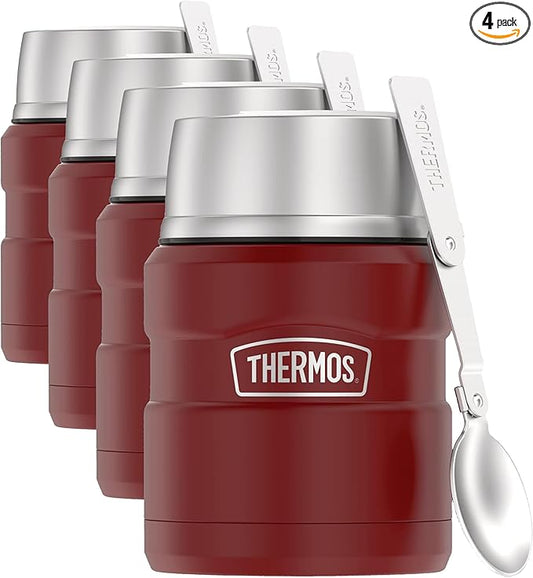 THERMOS Stainless King Vacuum-Insulated Food Jar with Spoon, 16 Ounce, Rustic Red (Pack of 4)