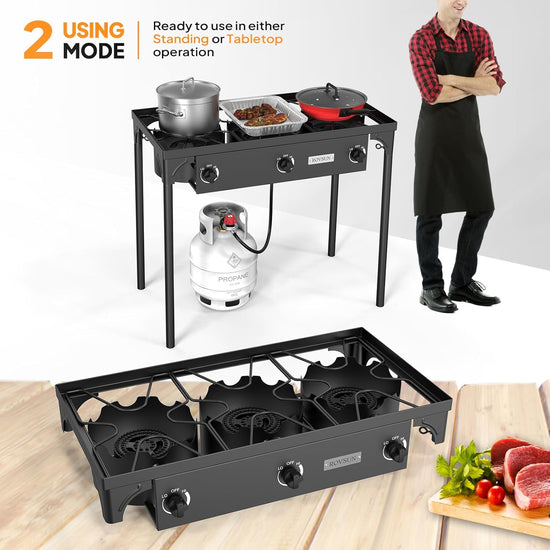 ROVSUN 3 Burner Propane Gas Stove, 225,000 BTU High Pressure Outdoor Camping Burner with CSA Listed Regulator, Picnic Cooker Perfect for Home Brewing Maple Syrup Patio Turkey Frying Canning - Nestoria