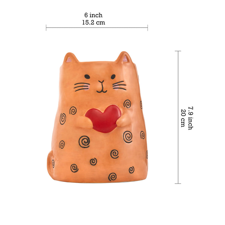 Cartoon Cat Handpainted Stoneware Orange 7.8 inch Utensil Holder