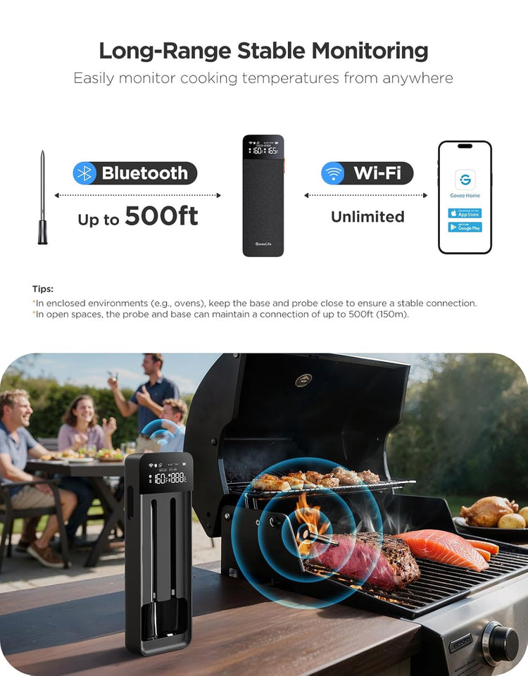 GoveeLife Wireless Meat Thermometer Digital with 2 Probes, Unlimited Range WiFi Food Thermometer with 2 Sensors, Rechargeable LCD Base, APP Alerts, Cooking for Kitchen, BBQ, Grill, Oven, Smoker