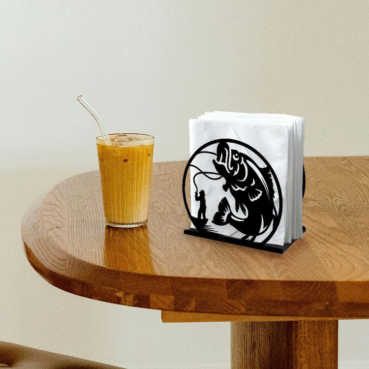 Fishing Decorative Black Metal Napkin Holder for Table, 5.3" x 4.9" x 1.9" Fisherman Fish Standing Napkin Holder for Home Kitchen Restaurant Picnic Party Coffee Bar Dining Room