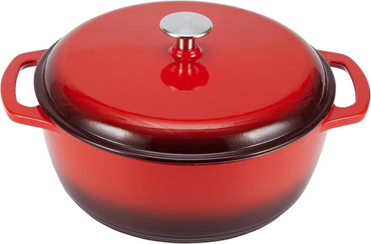 Amazon Basics Cast Iron Dutch Oven Pot with Lid, Enameled, Round, Dual Handles, Heavy-Duty, Medium, 6-Quart, Red - Nestoria