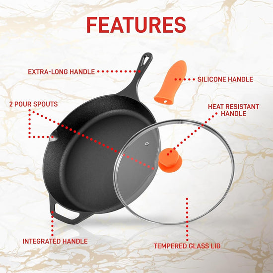 NutriChef 12-Inch Cast Iron Skillet w/Lid - Pre-Seasoned, Oven Safe, Nonstick, Cool-Touch Silicone Handle, For All Cooktops - NCCI12 - Nestoria
