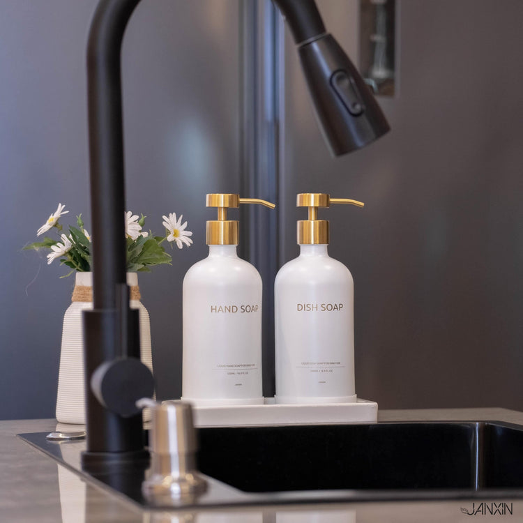 Glass Kitchen Soap Dispenser Set with Ceramic Tray