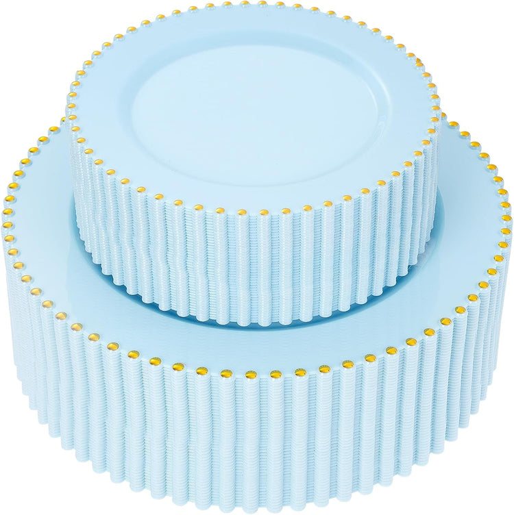 supernal 100PCS Blue Plastic Plates with Gold Beads - Disposable Heavy Duty Elegant Light Blue Plastic Plates Set Include 50 Dinner Plate and 50 Dessert Plate Perfect for Wedding, Birthday & Party