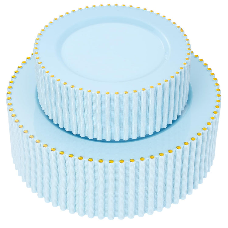 100pcs Light Blue Plastic Plates with Gold Beads for Wedding Party (100 Count)
