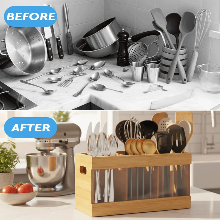 Wooden Utensil Holder Organizer with 6 Compartments