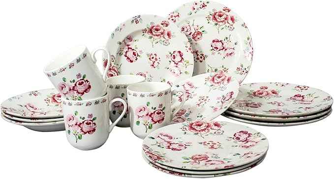 Tudor 16-Piece Premium Quality Round Porcelain Dinnerware Set, Service for 4 - FRAGRANCE ROSE, See 10 Designs INSIDE!